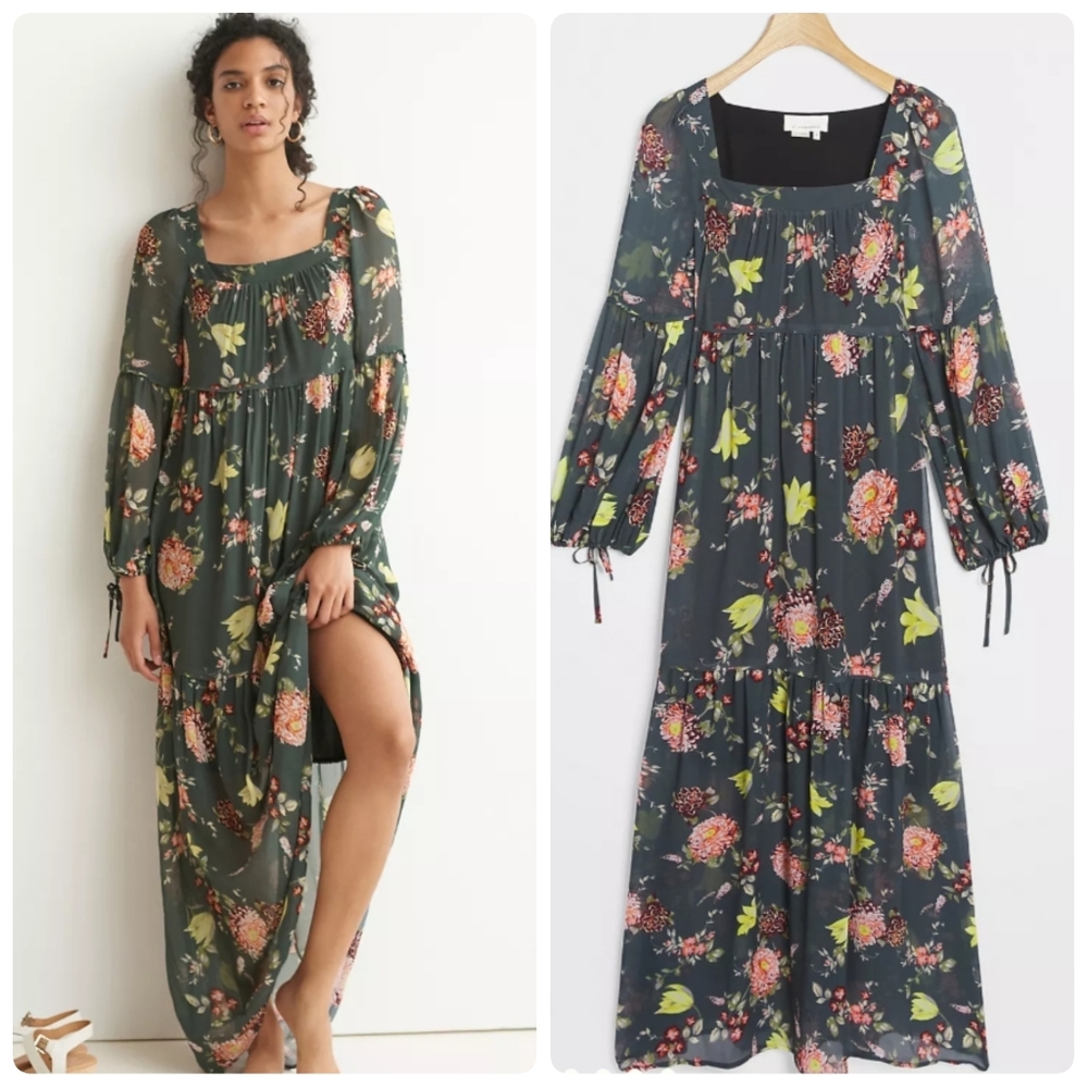 Anthropologie Evelin Green Floral Maxi Boho Tiered Dress Size M